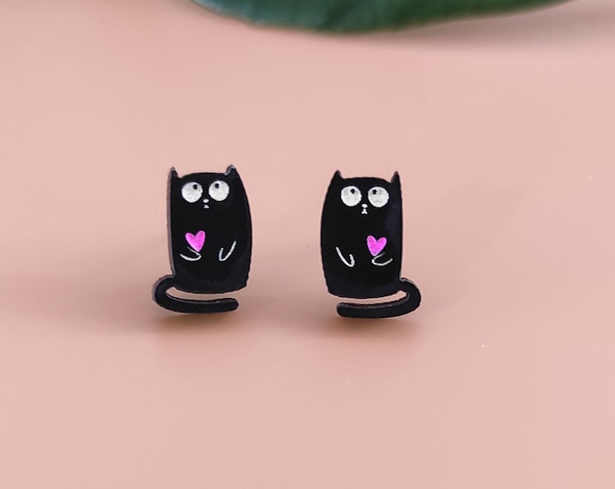 Cute Black Cat Stud Earrings, Hand Painted Wooden Jewelry, Black Cat Earrings, Cat Stud Earrings, Funny Cat Earings, Eco friendly