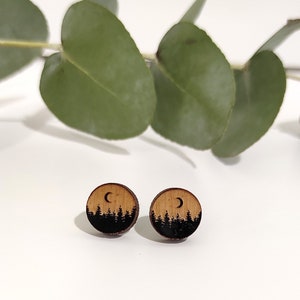 Forest at Night Wooden Stud Earrings: Hand-Painted Boho Jewelry