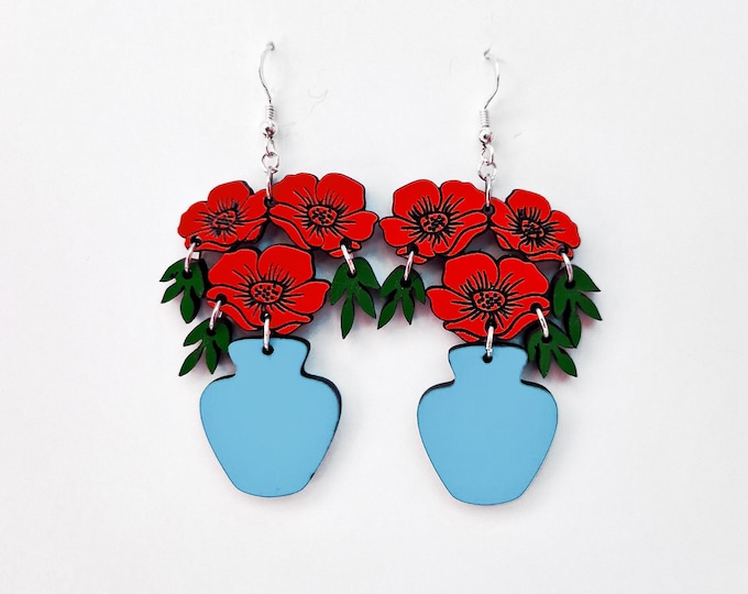 Flowers in Vase Drop Earrings, Flowers Jewelry, Floral , Boho Jewelry, Colorful Earrings, Spring Earrings, Eco friendly, BL24