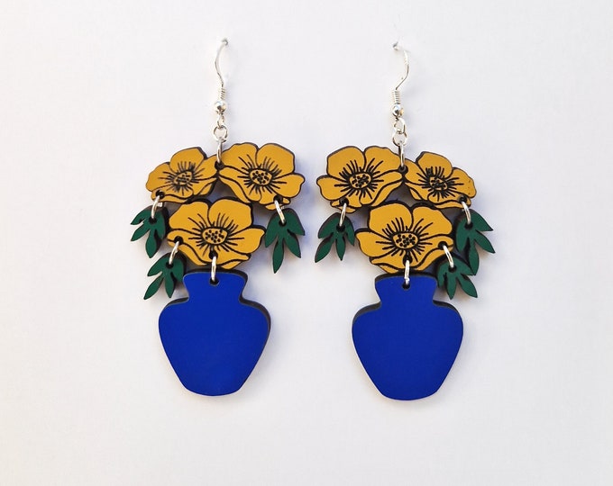 Yellow Flowers in Blue Vase Drop Earrings, Flowers Jewelry, Floral , Boho Jewelry, Colorful Earrings, Spring Earrings, Eco friendly