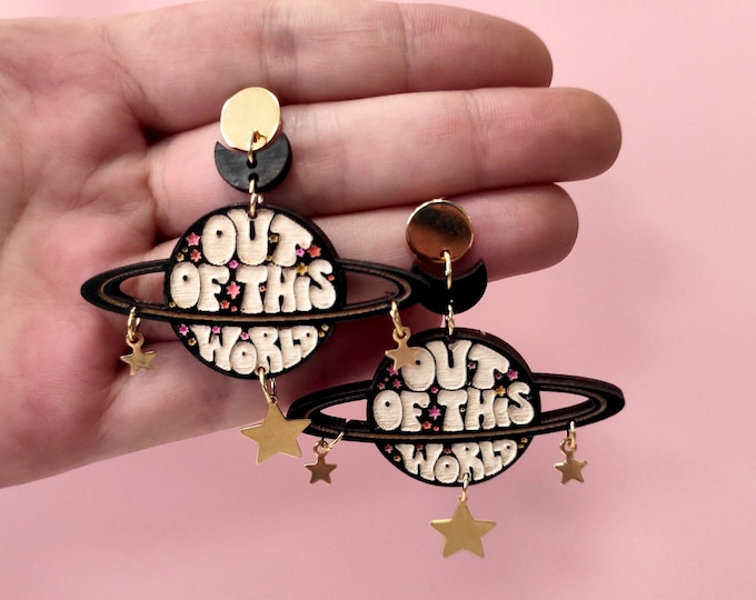 Out Of This World Drop Earrings, Space Earrings, Saturn Dangle Earrings, Galaxy Drop Earrings, Planets, Science, Eco friendly BK158