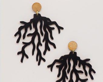 Pendientes de rama de coral negro, pendientes de declaración, pendientes de coral, pendientes elegantes, pendientes de madera negra, pendientes colgantes, BK 2