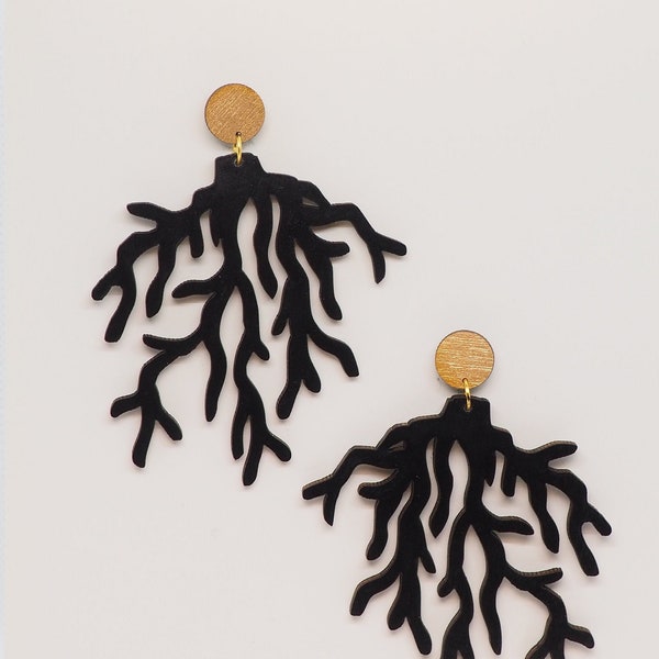 Black Coral Branch Earrings, Statement Earrings, Coral Earrings, Elegant Earrings, Black Wooden Earrings, Dangle Earrings, BK 2