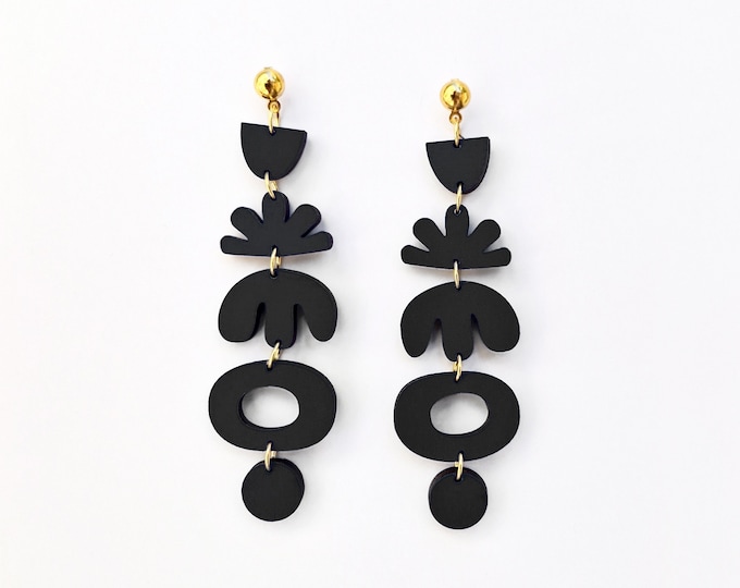 Henri Matisse Inspired Wooden Drop Earrings, Blue Earrings, Black Earrings, Art Inspired Jewelry, Lightweight Earrings, Eco friendly