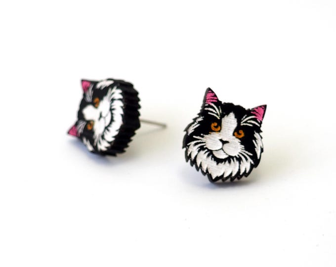 Black and White Cat Stud Earrings, Wooden Jewelry