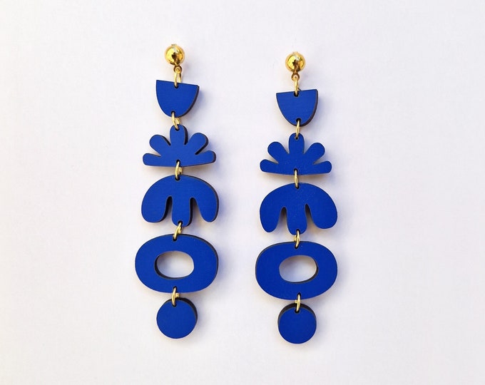 Henri Matisse Inspired Wooden Drop Earrings, Blue Earrings, Art Inspired Jewelry, Eco friendly