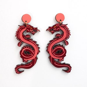 Hand-Painted Dragon Drop Earrings: Laser-Cut Birch Plywood