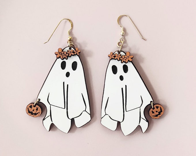 Ghost and Pumpkin Dangle Earrings, Wooden jewelry, Halloween Party Earrings