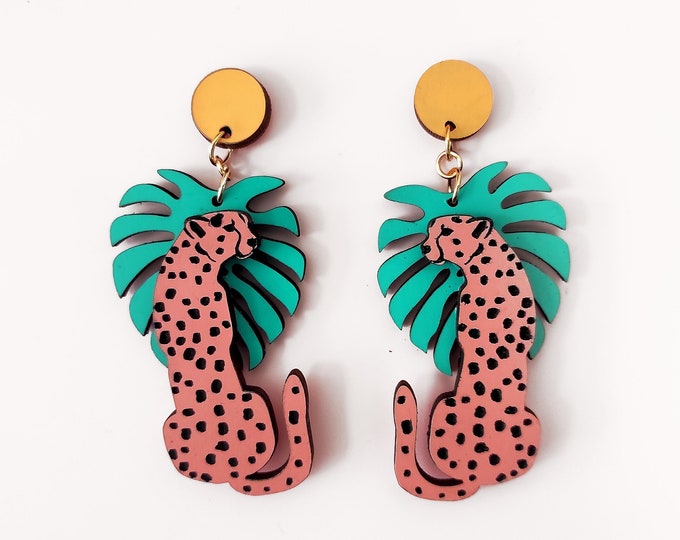 Pink Cheetah Earrings on Turquoise Monstera Leaf – Leopard Statement Earrings, Wild Animal Jewelry, Bold Boho Gift for Her
