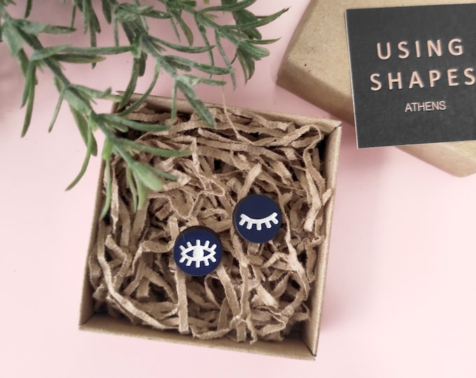Eyes Stud Earrings, Open And Closed Eyes Dark Blue and White Stud Earrings, Round Studs, Wooden Studs