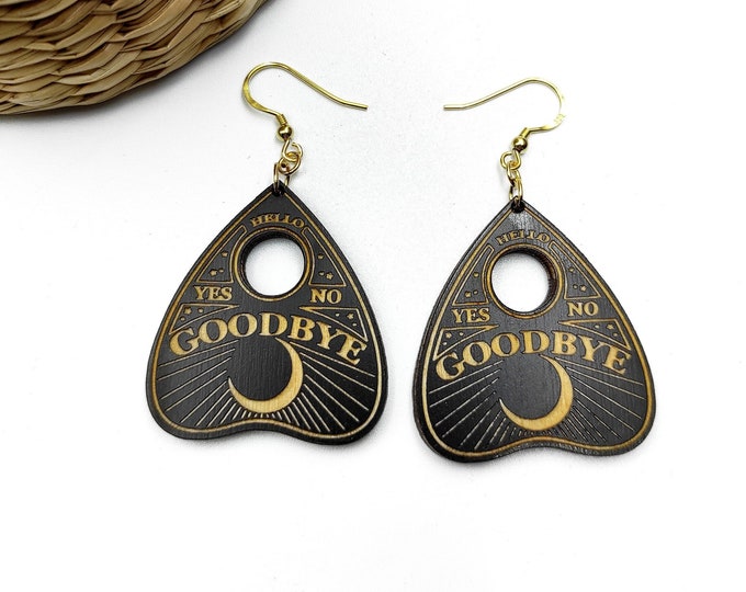 Ouija Board Planchette Wood Earrings, Spirit Board Planchette Dangle Earrings, Ouija Board, Wooden Witch Earrings Jewelry BK109