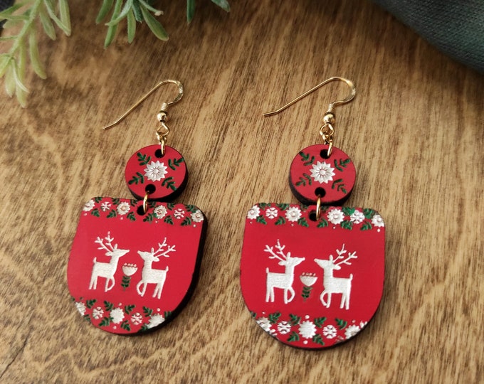 Scandinavian Deer Drop Earrings, Christmas Jewelry, Christmas Drop Earrings, Gift for Her, Eco friendly, RD08