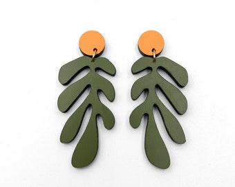 Henri Matisse Inspired Wooden Drop Earrings, Green and Orange Earrings, Art Inspired Jewelry, Eco friendly GR04