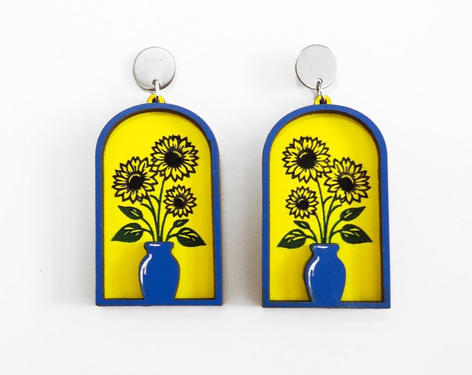 Flowers in Vase Drop Earrings, Flowers Jewelry, Floral Jewelry, wooden Eco friendly earrings