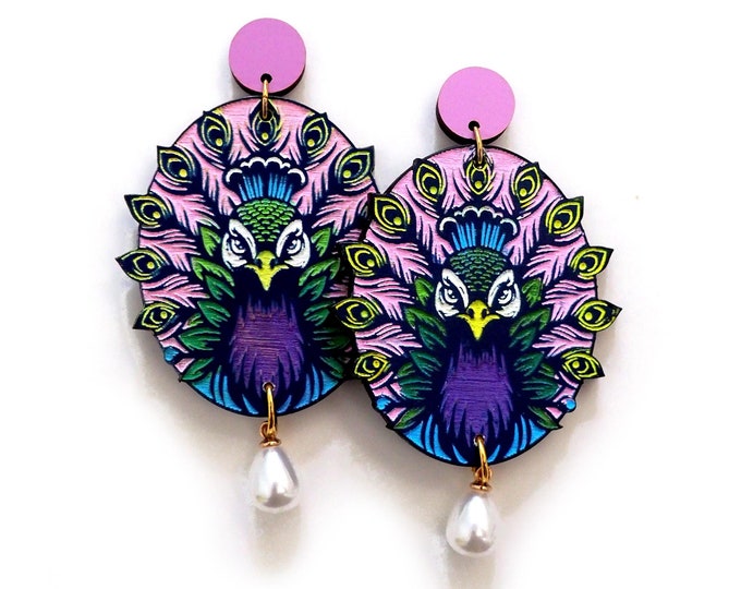 Peacock Earrings, Whimsical Wooden Earrings, Colorful Peacock Earrings, Bird Earrings, Bird Earrings, Light Earrings