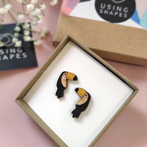 Hand-Painted Toucan Stud Earrings: Tropical Wood Jewelry