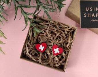 Red Cross Heart Stud Earrings, Nurse Post Earrings, Heart Medical Cross Stud Earrings, Heart Accessories, Wooden Earrings, Eco friendly