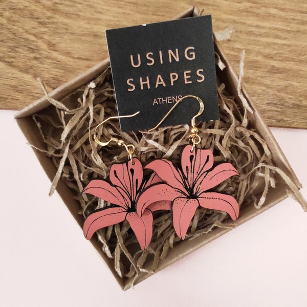 Lilies Flower Drop Earrings, Pink Flowers Earrings, Flowers Jewelry, Wooden Jewelry, Handmade Earrings, Pink Earrings,PK24