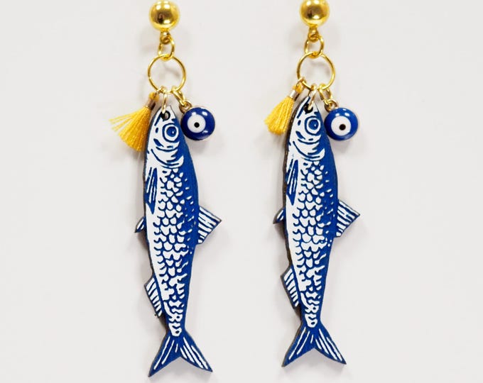 Sardine Fish Earrings, Blue Fish with Evil Eye, Mediterranean Jewelry