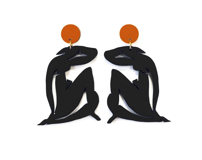 Matisse Woman Drawing Earrings, Statement Earrings, Wooden Earrings, Blue Nude Drop Earrings, Modern Art Earrings, Matisse Earrings