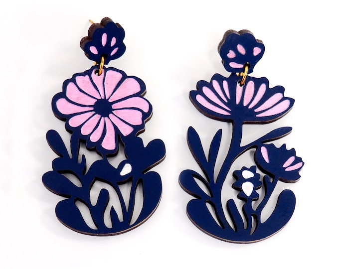 Dark Blue And Pink Flowers Drop Earrings, Flowers Earrings, Statement Earrings, Gift for Her