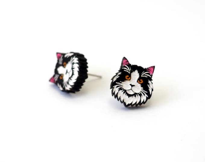 Black and White Cat Stud Earrings, Wooden Jewelry
