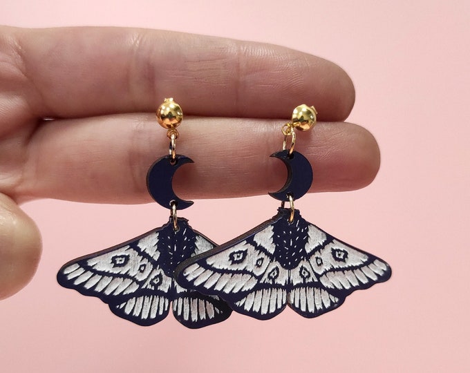 Moth with Moon Drop Earrings, Insect Earrings, Moth Jewelry, Moth Dangle earrings, Eco friendly