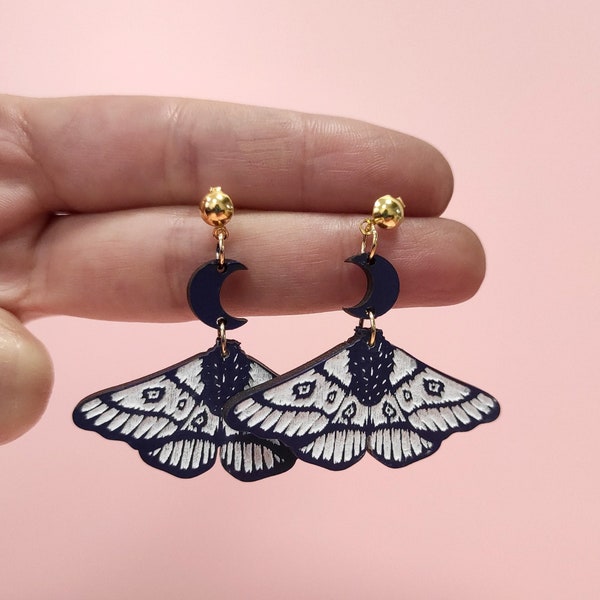 Pendientes de polilla con luna, joyería de madera, joyería mística