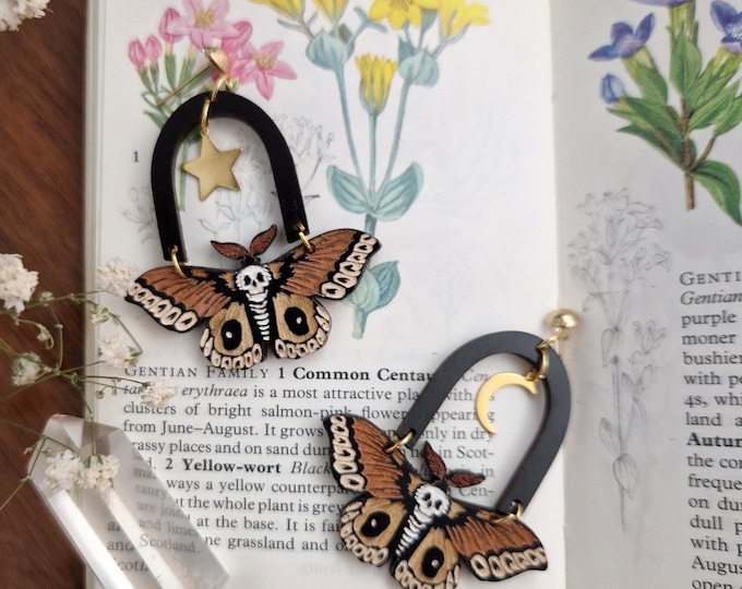 Deadhead Moth Drop Earrings, Insect earrings, Celesial Moth, Witchy Jewelry, Halloween Earrings, Halloween Jewelry