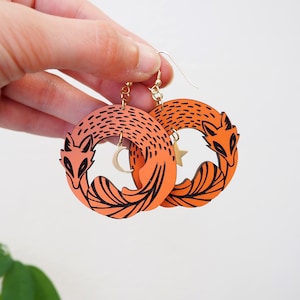 Curled Up Fox With Moon and Star Drop Earrings, Fox Earrings, Wooden Earrings, Fox Drop Earrings, Fox Dangle Earrings, Eco friendly, CL11