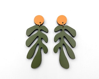 Pendientes colgantes verdes y naranjas, inspirados en Matisse, pendientes de madera, joyería artística.