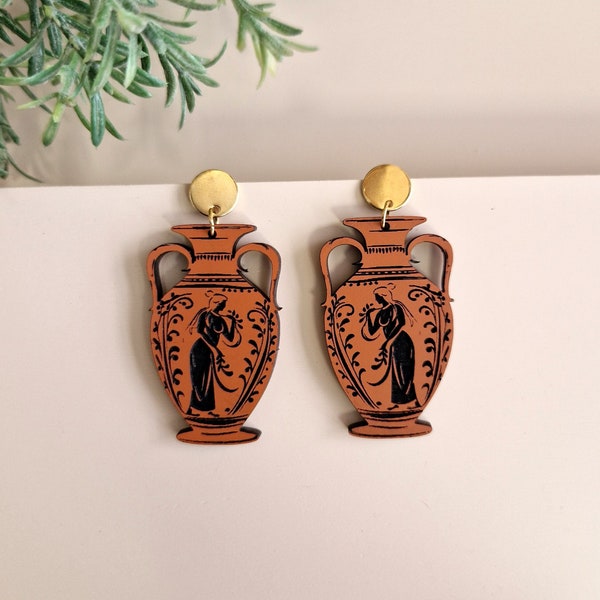 Griekse Amphora Oorbellen, Dangle Oorbellen, Houten Oorbellen, Cadeau voor haar