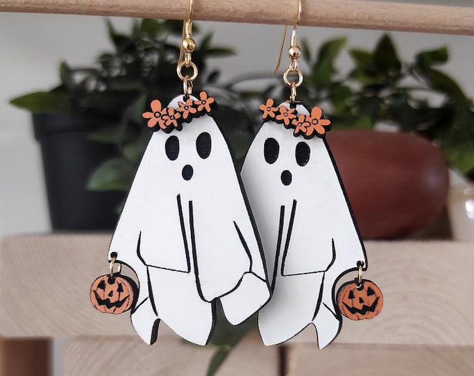 Ghost With Pumpkin Dangle Earrings, Halloween Party Ghost Earrings, Halloween Earrings, Ghost Earring, Gift for Her, Eco friendly WH02