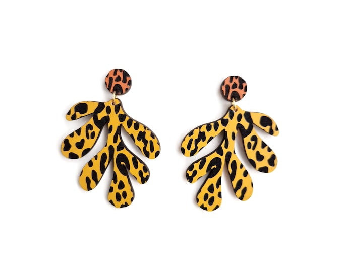 Yellow and Orange Earrings, Leopard Earrings, Henri Matisse Inspired Wooden Drop Earrings, Art Inspired Jewelry, Eco friendly, YW23
