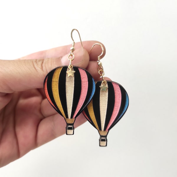 Boucles d'oreilles montgolfière, boucles d'oreilles ballon, bijoux montgolfière, cadeaux pour ses boucles d'oreilles pendantes, boucles d'oreilles en bois, BK 149