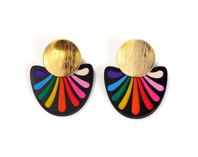 Hand-Painted Wooden Earrings | Colorful Statement Earrings | Rainbow Fan Design | Lightweight Acrylic Jewelry | Gold Stud Earrings