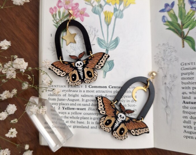 Deadhead Moth Drop Earrings: Hand-Painted Birch Witchy Jewelry