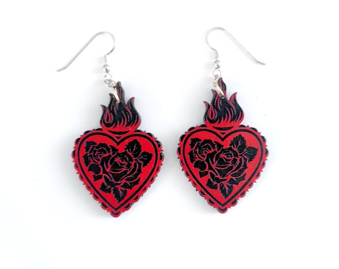 Flaming Heart with Roses Earrings, Wooden Earrings, Sagrado Corazón, Roses Bouquet, Sacred Heart, Tattoo Design Heart, Eco friendly RD06
