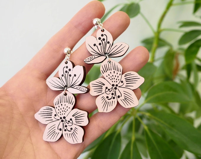 Long Pink Flowers Drop Earrings, Flower Earrings, Long Earrings, Pink Flowers Earrings, Statement Earrings, Gift for Her, Eco friendly