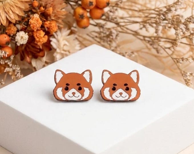 Red Panda Stud Earrings Wooden Jewelry