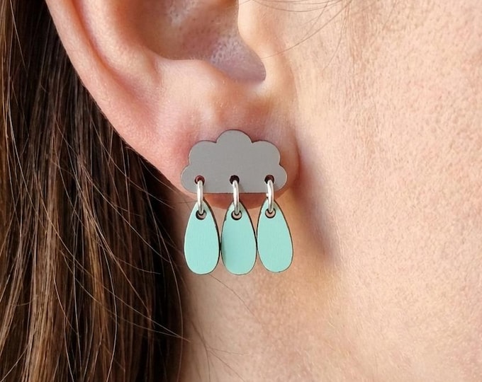 Cloud Raindrop Stud Earrings, Wooden jewelry, Hypoallergenic