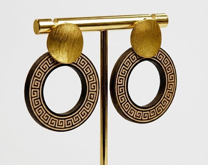 Greek Key Circle Earrings, Handmade Wooden Earrings with Gold Studs, Ancient Greek Meander Jewelry, Lightweight Statement Earrings