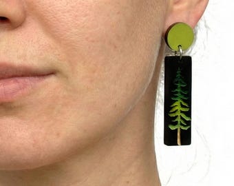 Pine Tree Ohrringe Holzohrringe, Handbemalt
