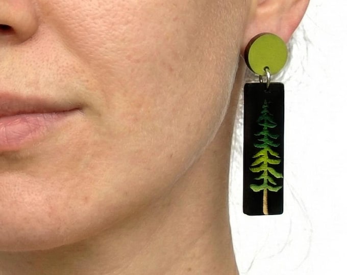 Pine Tree Earrings Wooden Earrings, Hand Painted