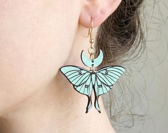 Moth Dangle Earrings, Moon Earrings, Mint Green Jewelry