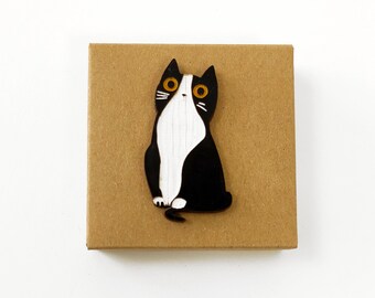 Tuxedo Black and White Cat Pin, Katzen Brosche, Katzen Pin, Holz Pin, Mutter der Katzen, Haustier Pin, süße Katze Pin, Katzen Magnet, Kühlschrank Magnet, BK110