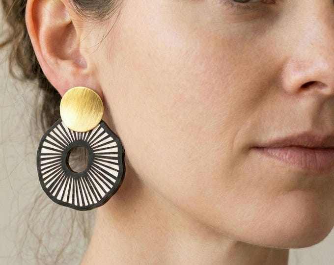 Gold & White Statement Earrings – Round Modern Art Earrings, Lightweight Modern Dangle Jewelry, Statement Earrings, Abstract Earrings