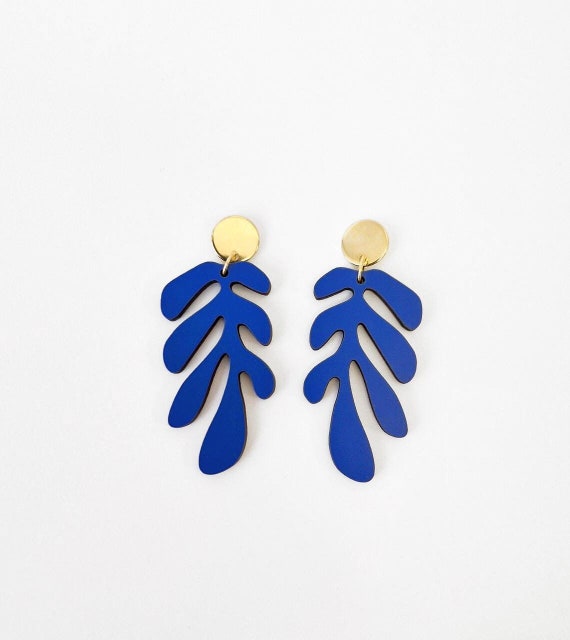 Henri Matisse Inspired Blue Wooden Earrings: Laser Cut Art Jewelry