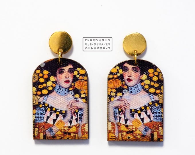 Gustav Klimt Drop Earrings, Art Earrings, Gustav Klimt Art Earrings, Painting Drop Earrings, Wooden Earrings, Portrait of Adele