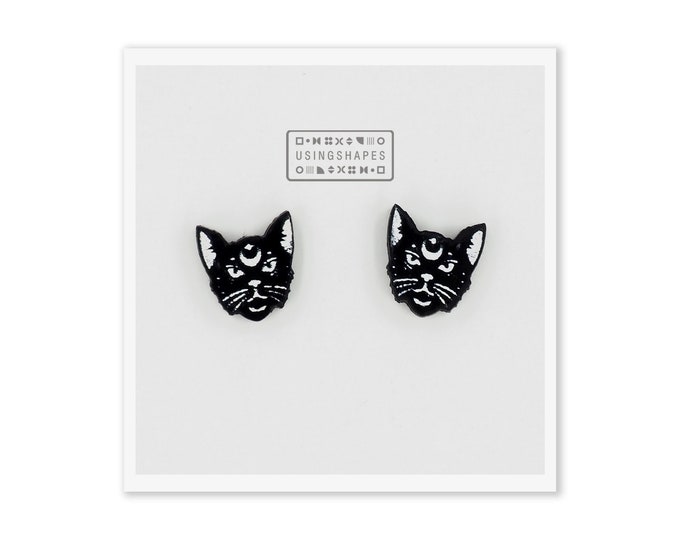Mystical Cat Stud Earrings, Witchy Cat Earrings, Halloween Studs, Cat Post Earrings, Animal Jewellery, Gift for Her, Eco friendly